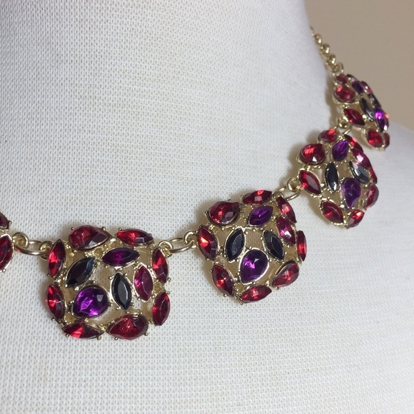 Red Purple Gem Squares Gold Necklace Earrings Set - Picture 2 of 3